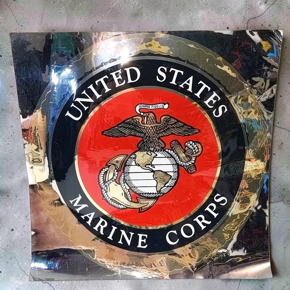 VTG USMC US Marine Corps Emblem Foil Sticker Decal 12 Inch Round Metallic 1980s